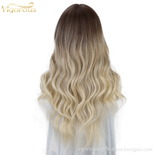 Vigorous Natural Cosplay Synthetic Non Lace Front 24 Inch Long Wavy Ombre Wig Synthetic Hair Wigs With Bangs For Black Women